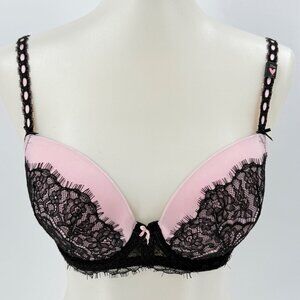 Victorias Secret Dream Angels Lined Demi Bra 32DD Pink & Black Lace Adjustable S